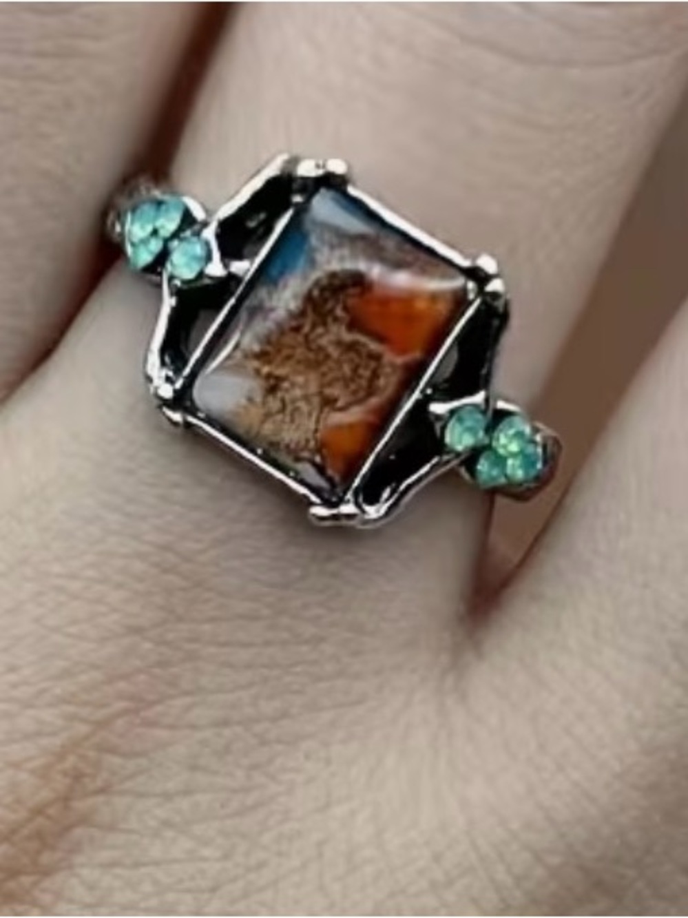 Silver Orange Rectangular Gemstone Ring